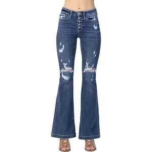 High-Rise Distressed Flare Jeans - Dark Blue